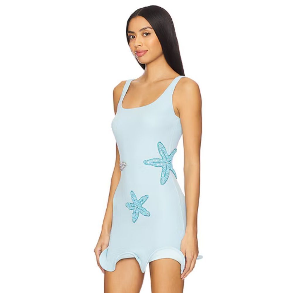 Leslie Amon Starfish Dress Blue beaded stretch mini resort Revolve NWT M - Picture 7 of 12
